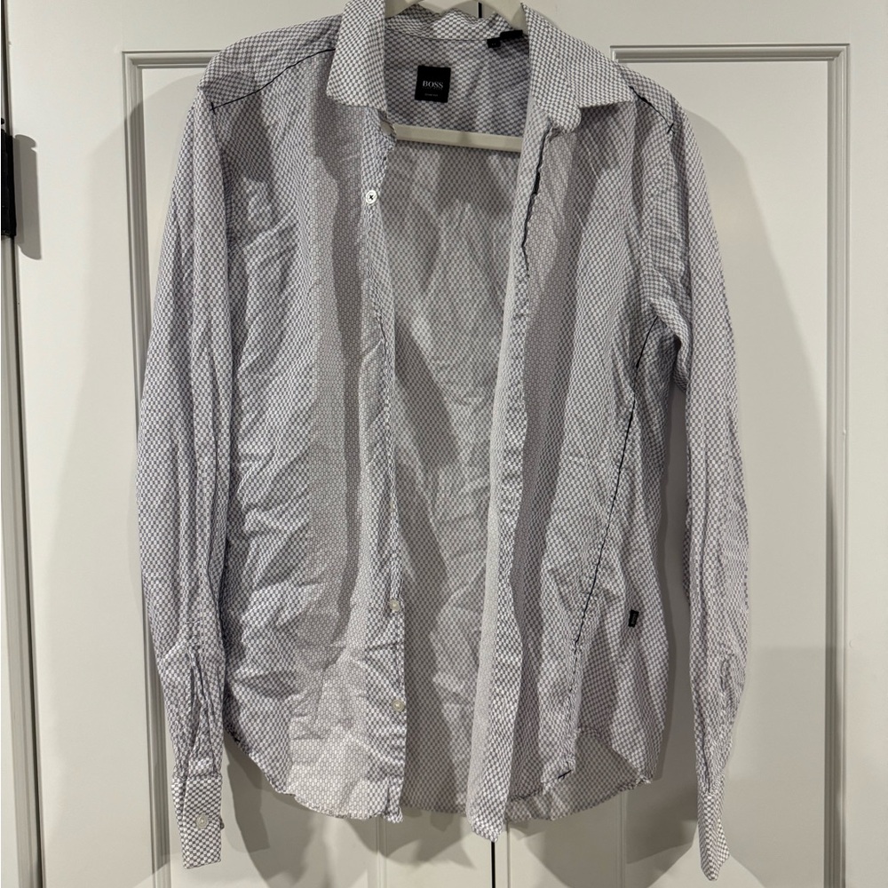 Hugo Boss Men's White and Gray-Blue Patterned Shirt